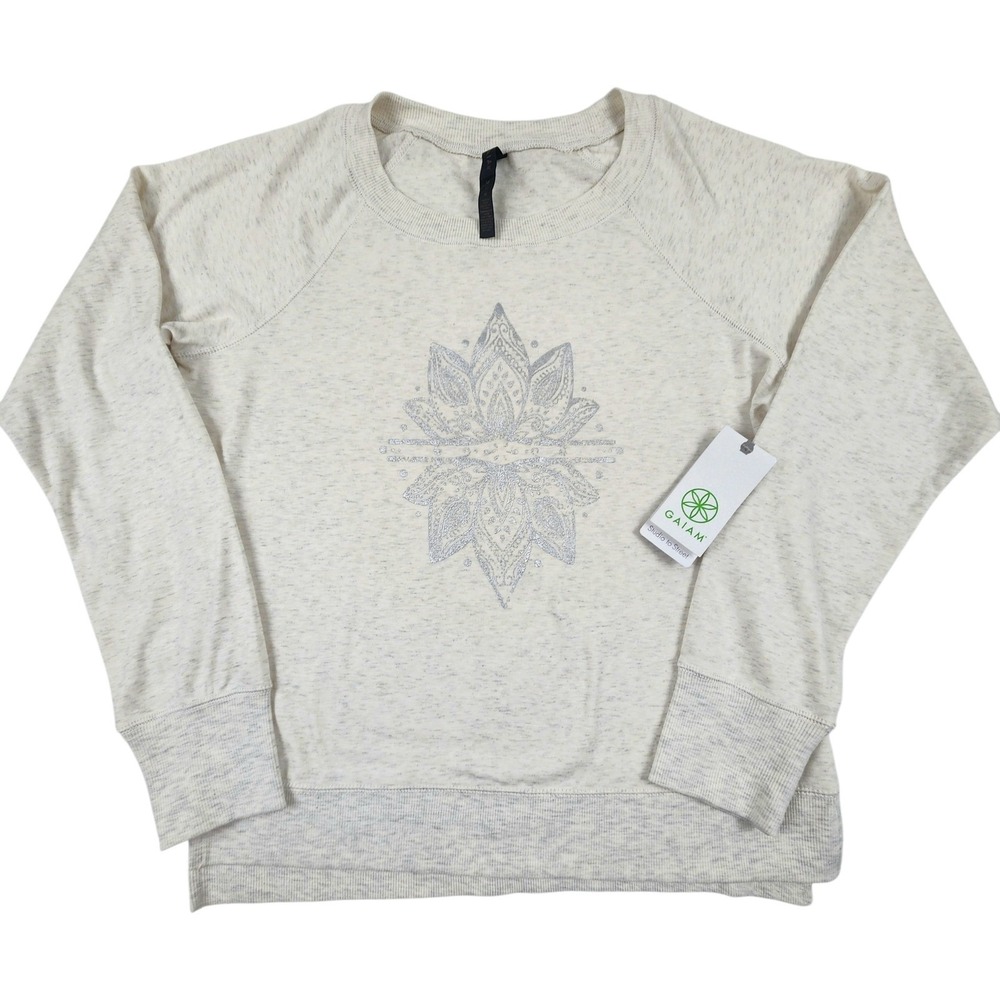 NWT Gaiam Sweatshirt M Cream Beige Lotus Graphic‎ Studio to Street Soft Pullover